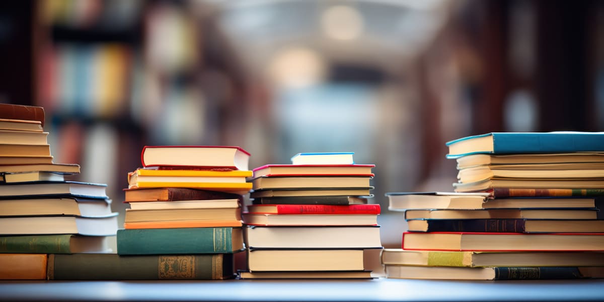 Kolorowe stosy książek na stole w bibliotece